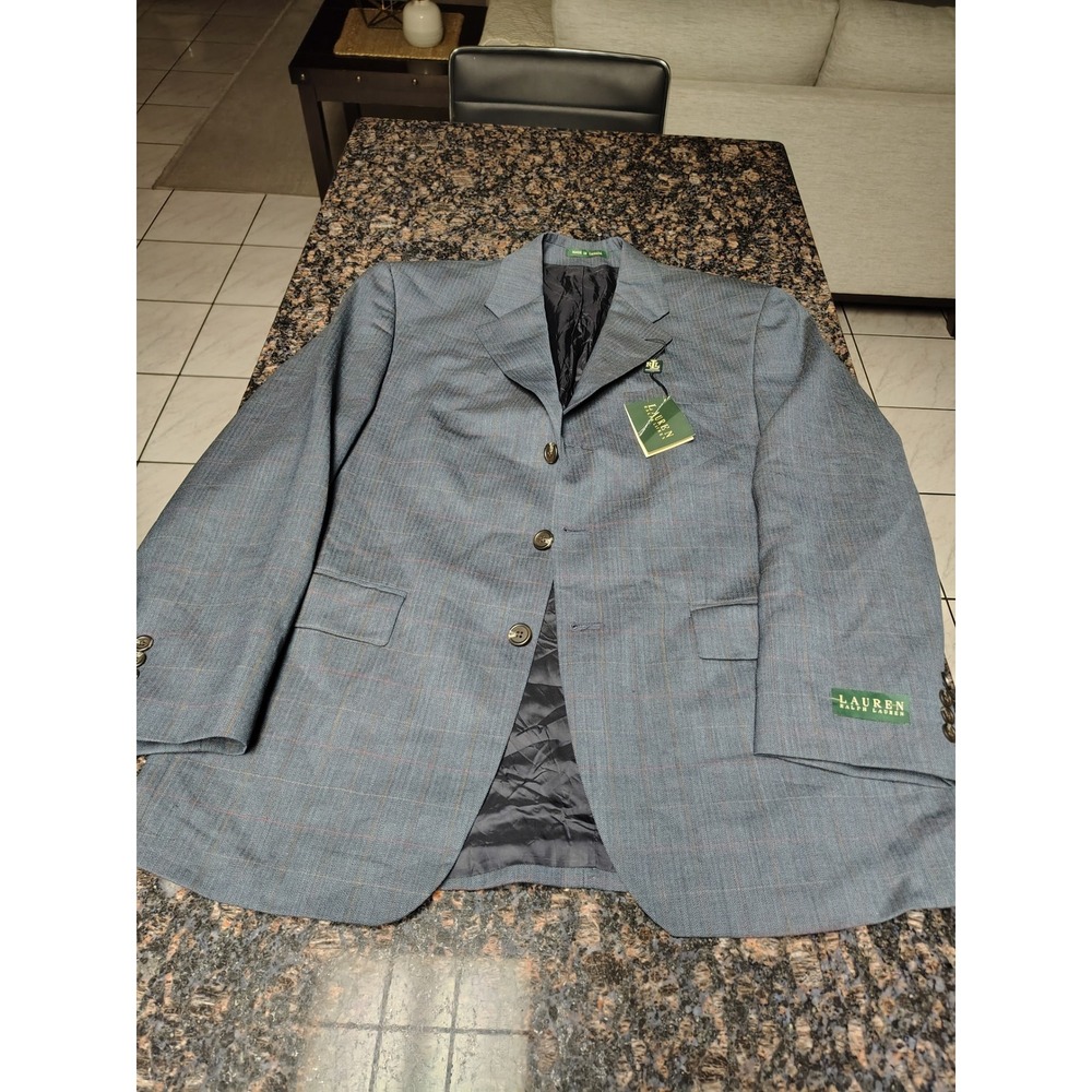 Lauren Ralph Lauren Mens Grey Plaid Herringbone 100% Wool 3-Button Blazer Jacket